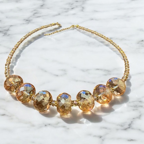 Light Champagne Lampwork Glass Amber Gold Tone Crystal Necklace - Picture 3 of 7